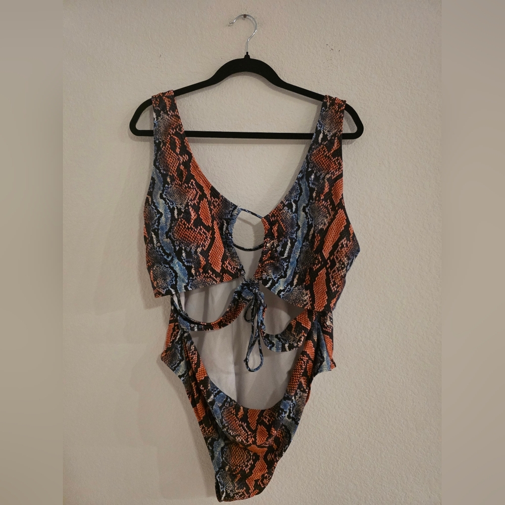Orange & Blue Snakeskin Cutout One-Piece Swimsuit